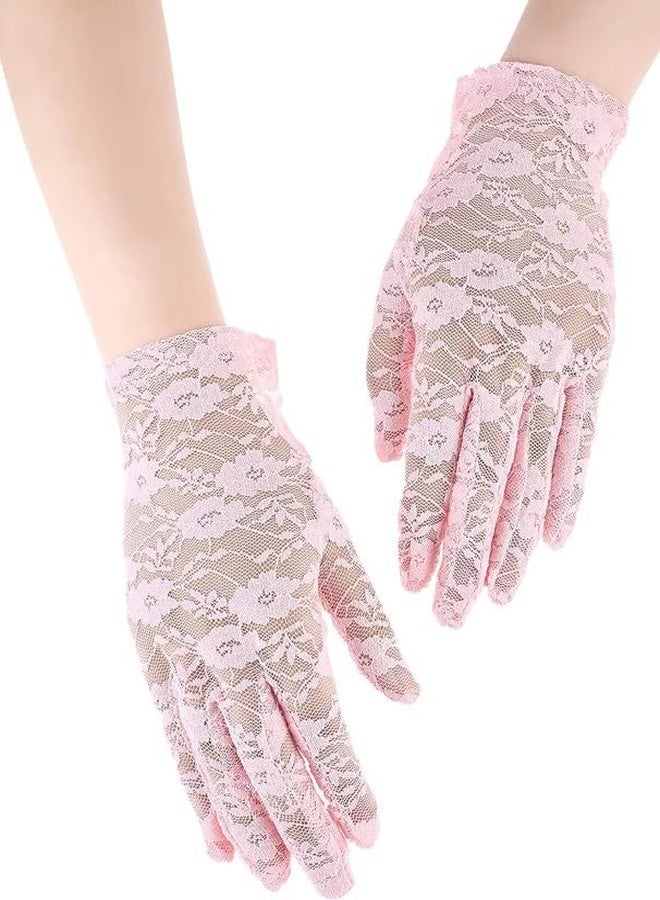 KETKAR Ladies Floral Lace Gloves Vintage Opera, Women Short Elegant Lace Gloves for Women Ladies and Girls Evening Wedding_Pink - Image 1